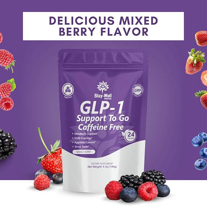 GLP-1 Supplement | GLP 1 Booster Drink Mix to Control Appetite and Cravings | Great Tasting Metabolic Support - Yerba Mate, Garcinia Cambogia, Berberine [Caffeine Free – Mixed Berry]