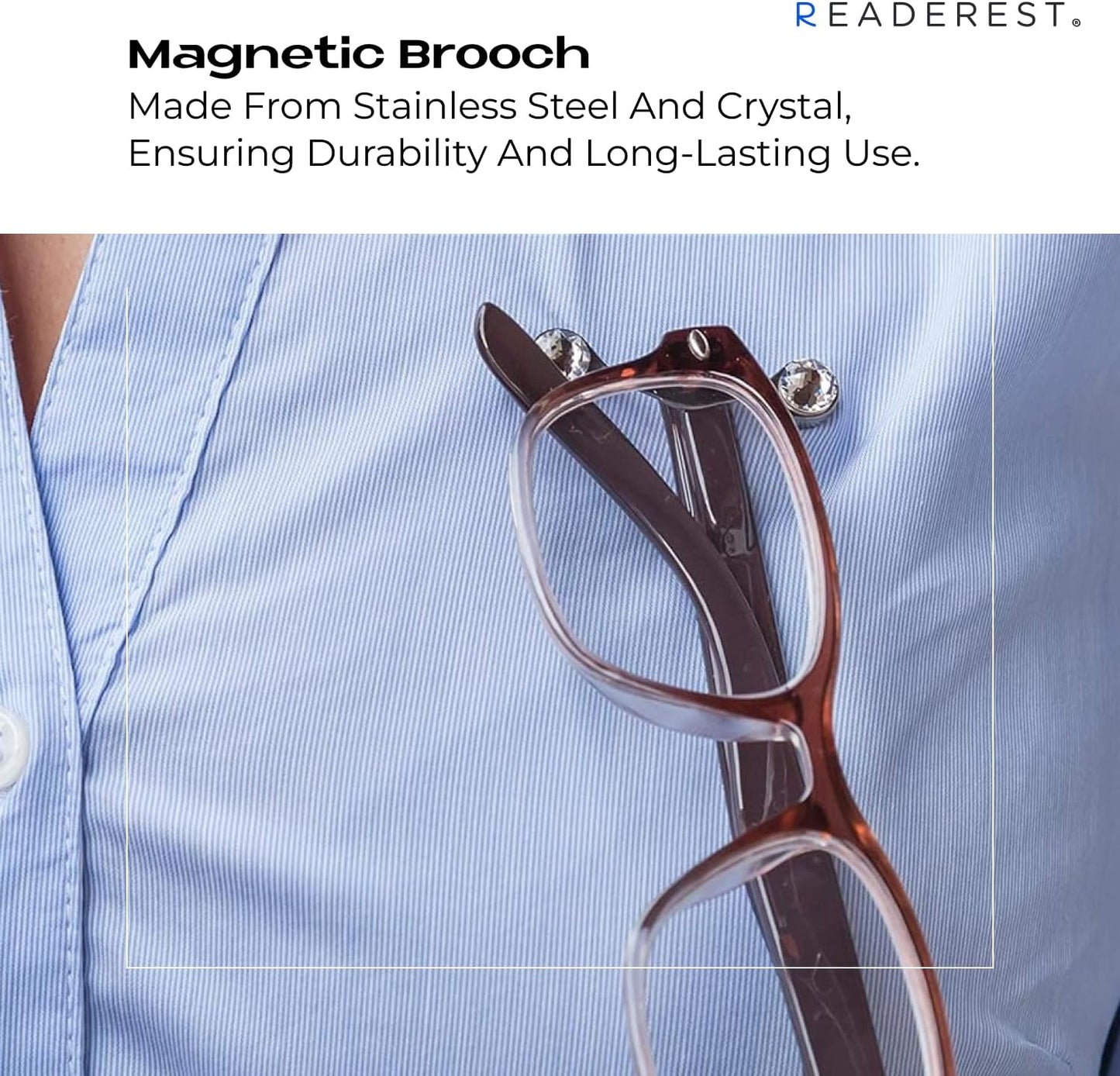 Readerest Magnetic Eyeglass Holder (2 Pack), Eyewear Shirt Clip for Men & Women, Glasses Holders for Readers, Sunglasses & Work Badges, USA Made (Stainless Steel + Crystals)