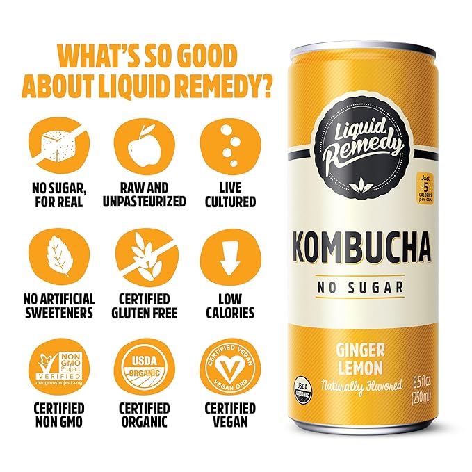 Liquid Remedy Kombucha Sugar Free Organic Drink, Low Calorie, Probiotic Like Tea for Gut Health - Super Sampler Variety Pack - 8.5 Fl Oz Can, 24-Pack