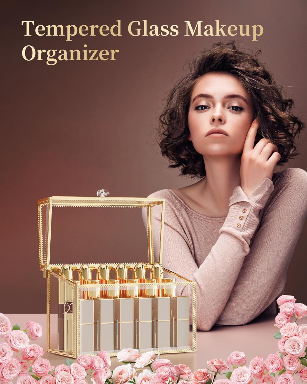 Lipstick Organizer,Luxury Tempered Glass Lipstick Holder & Nail Polish Organizer, 18-Slot Vanity Cosmetic Organizer with Removable Dividers, Gold