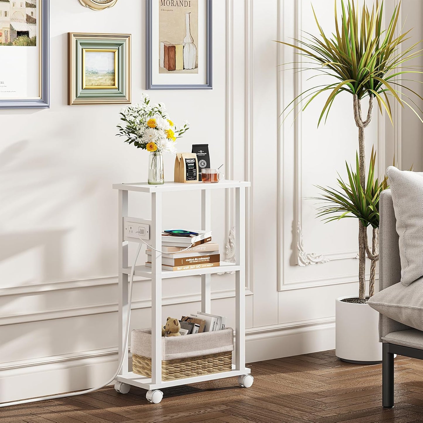 TUTOTAK Small Narrow Side Table with Charging Station, Skinny End Table for Small Spaces, Slim Nightstand with USB Ports and Outlet, Sofa Beside Table with Wheels, White TB01BW046