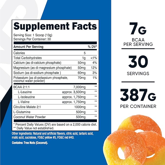 Nutricost BCAA + Hydration Powder (Peach Rings) 30 Servings - Branched Chain Amino Acids with Hydration Complex - Gluten-Free, Non-GMO
