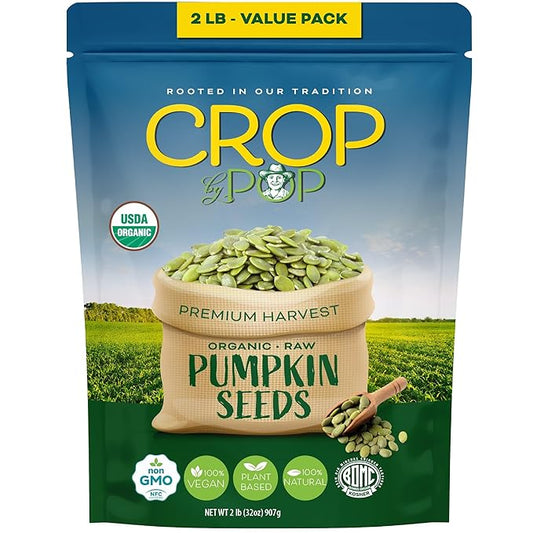 CROP BY POP - Organic Raw Pumpkin Seeds (32 Oz - 2 LB) Packed Fresh in Resealable Bag - USDA Organic, Non GMO - Naturally Grown, Vegan, Kosher