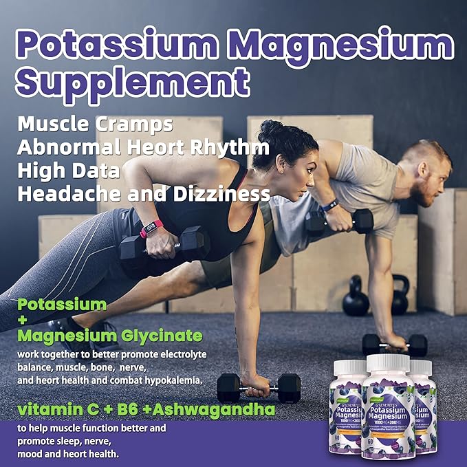 Potassium Magnesium Gummies,High Absorption Magnesium Glycinate,B6,D3,Potassium Citrate for Leg Cramps,Muscle,Electroyte for Adults Kids,Sugar-Free, 60 Gummies (Blueberry Flavor)