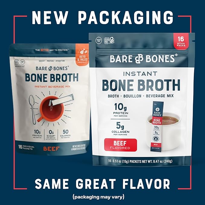 Bare Bones Beef Bone Broth Instant Powdered Mix | Rich Savory Packets on-the-Go No Artificial Flavors | 100% Grass Fed Keto & Paleo Friendly | Sticks 10g Protein | 32 Pack