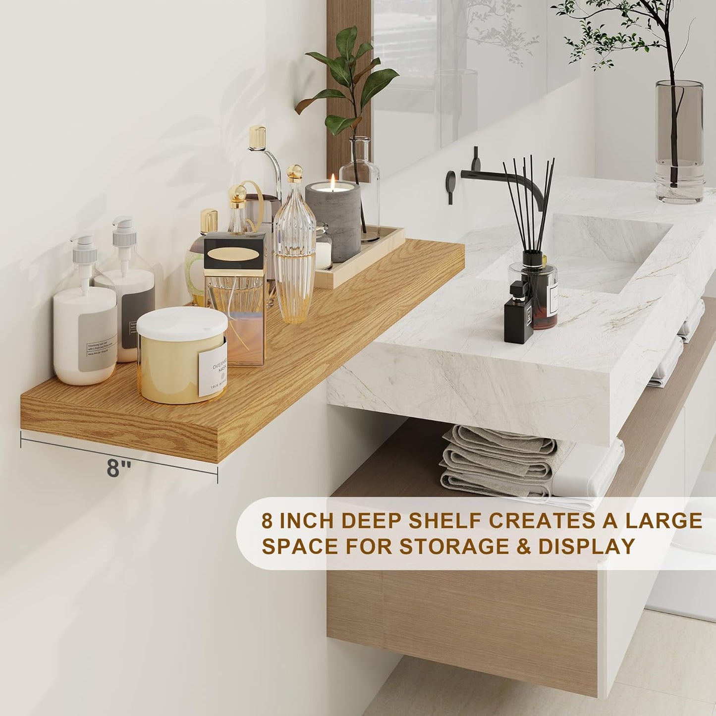 30 Inch Floating Shelves, Rustic Floating Wall Shelves 8 Inch Deep, 30 x 8 Floating Shelves for Home Decor, Deep Display & Storage Shelves for Kitchen, Bathroom, Living Room, Oak Color, Set of 2