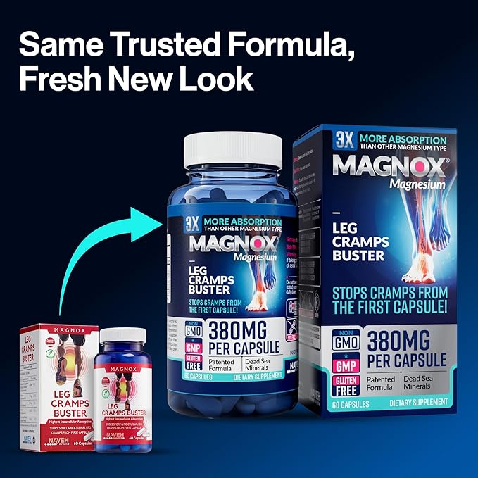 MAGNOX® Leg Cramps Buster | 380mg Magnesium for Leg Cramps at Night | Magnesium Supplement for Muscle Spasms | 3X More Absorption | Dead Sea Minerals | Sleep & Muscle | 60 Caps