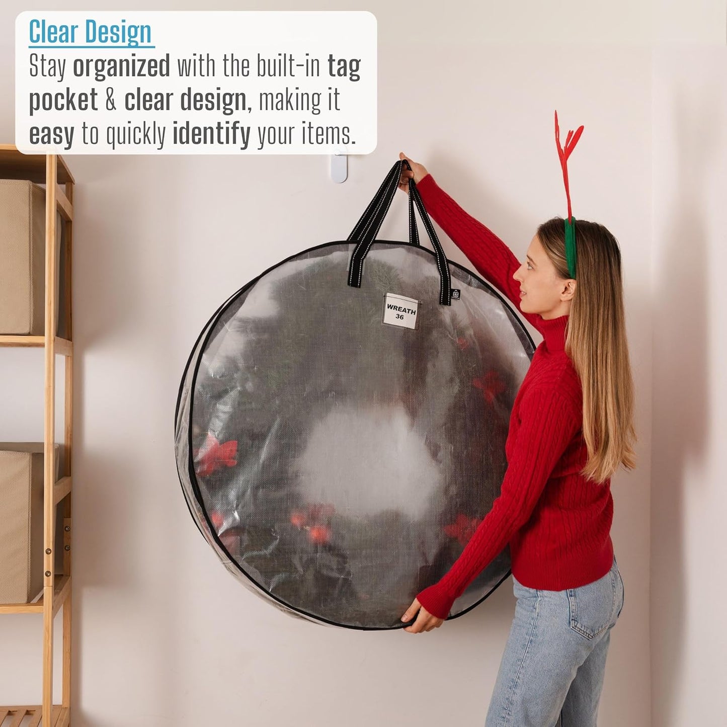 VENO 2 Pack Christmas Wreath Storage Container - 36 Inch Clear Wreath Bag, Christmas Garland and Holiday Decoration Organizers with Zipper and Durable Handles (Clear, 36"-2 Pack)