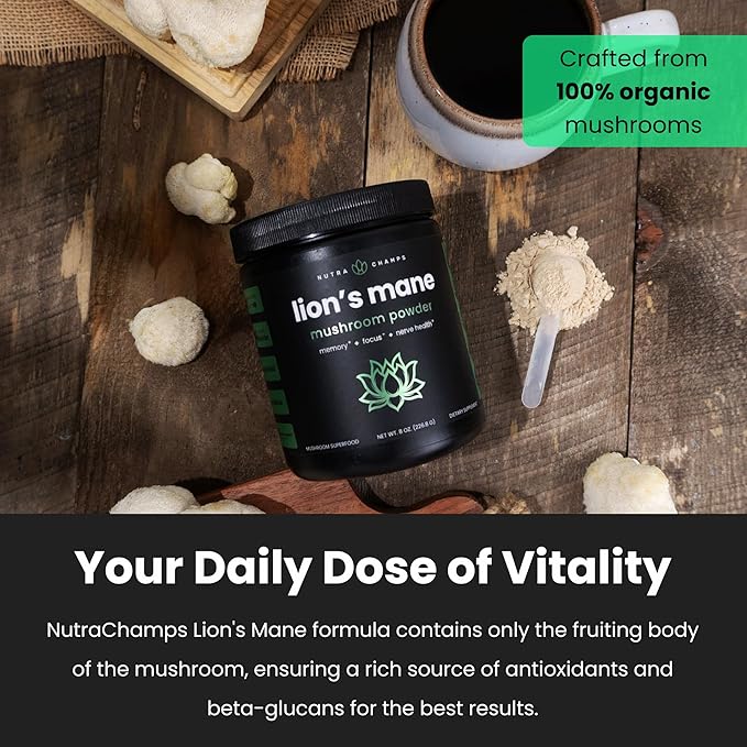 NutraChamps Organic Lions Mane Powder - 2000mg Powerful Nootropic for Memory, Focus, Immune Support - Vegan Lion’s Mane Mushroom Powder Supplement with Naturally Occurring Beta-Glucans - 8oz