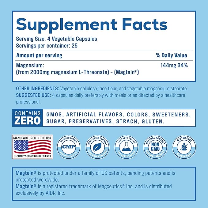 Magnesium L Threonate, Magtein™, Brain Supplement for Memory, Focus, Sleep and Cognitive Support, High Absorption Magnesium L-Threonate, Non-GMO, No Laxative Effect – 2000 mg, 100 Vegan Capsules