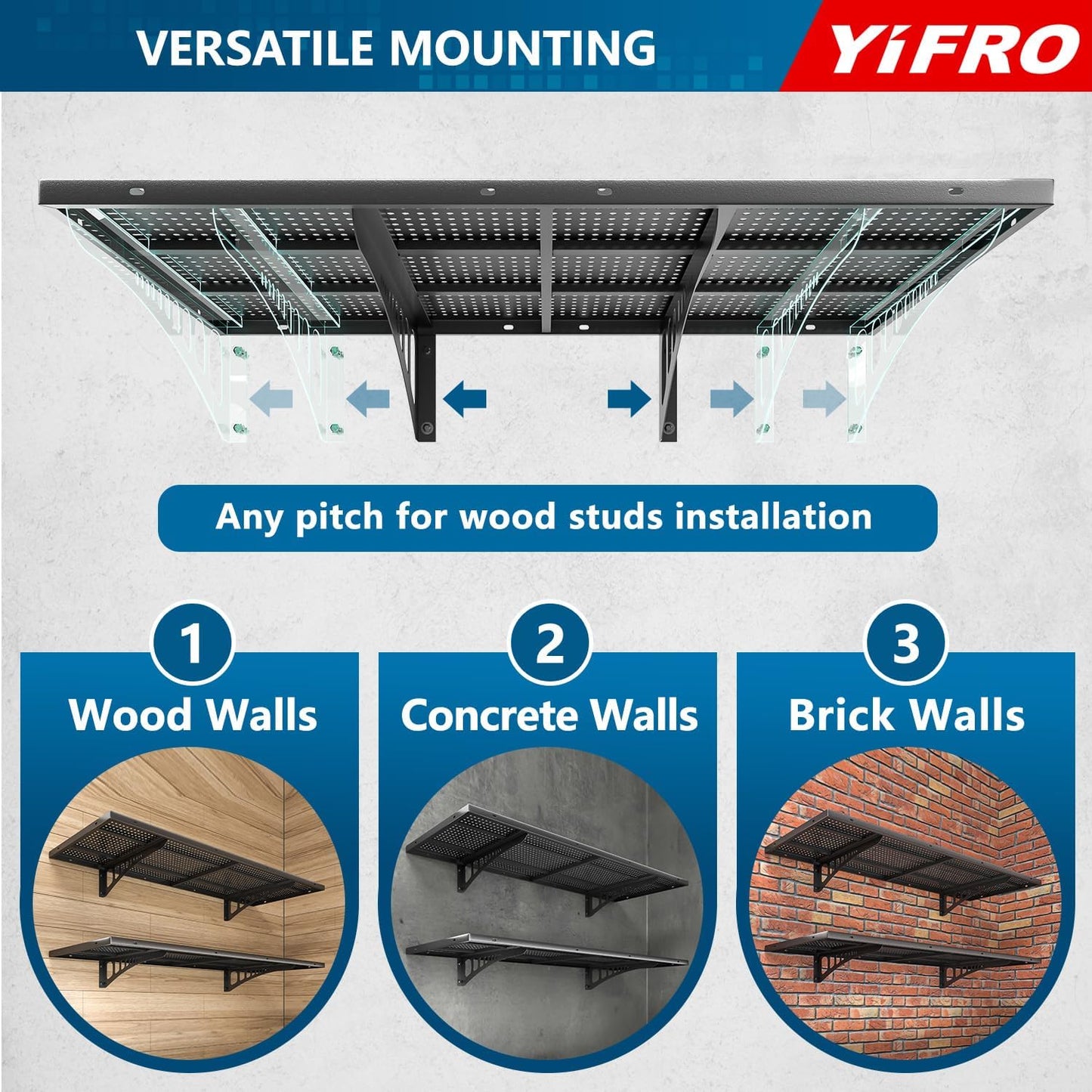 4-Pack 1.5x4ft Heavy Duty Garage Wall Shelving, 1000 lbs Load Capacity, Garage Shelving Wall Mounted, Storage Rack with Hooks, Black