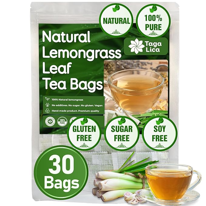 Tagalica, Premium 30 Lemongrass Tea Bags, 100% Natural & Pure Lemongrass leaves, Eco-Conscious Tea Bags, Lemongrass Herbal Tea. Lemongrass Leaf Tea. No Sugar, No Caffeine, No Gluten, Vegan.