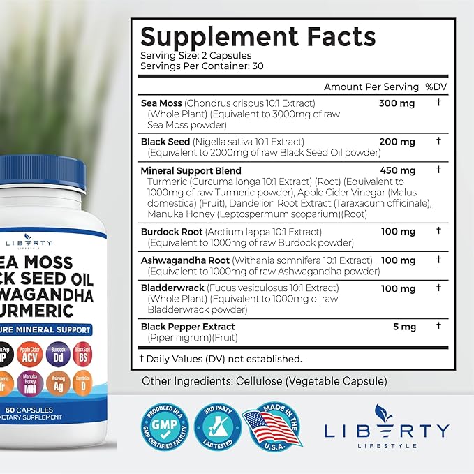 Sea Moss Black Seed Oil Ashwagandha Turmeric Bladderwrack Burdock - with Manuka, Honey Dandelion, ACV Black Pepper Gluten Free - 2-Pack