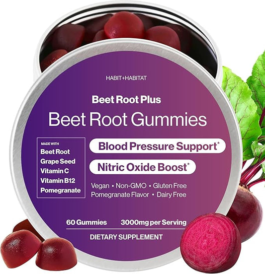 Beet Root Gummies - Nitric Oxide Supplements for Men & Women, Supports Healthy Blood Circulation - Non-GMO, Gluten-Free Beetroot Supplement - Pomegranate Flavor - 60 Gummies