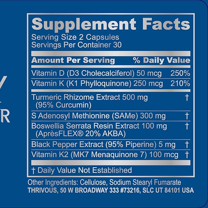 Thrivous Tenacity - Enhance Joint & Bone Function for Better Aging - Advanced Geroprotector Supplement: Turmeric Curcumin, ApresFlex Boswellia, Vitamin D3, Vitamin K2 MK7, Same - 60 Capsules