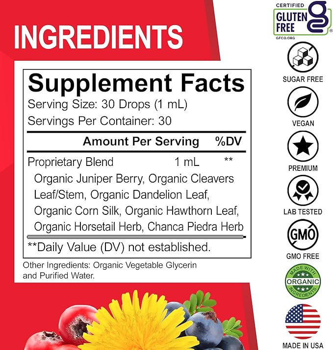 Kidney Support Supplement Bladder Health - Organic Renal Cleanse Supplements Drops Juniper Berry Cleavers Dandelion - Renal Kidney Cleanse Detox Urinary Tract Herbal Bladder Support Flush Kidneys 1oz