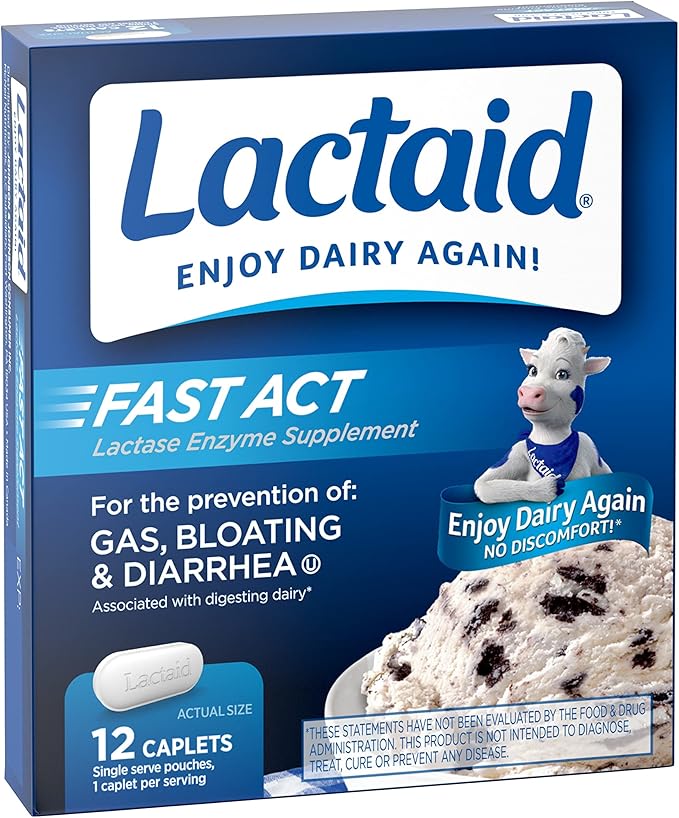 Lactaid Fast Act Lactose Intolerance Relief Caplets with Lactase Enzyme to Prevent Gas, Bloating & Diarrhea Due to Lactose Sensitivity, Ideal for Travel & On-The-Go, 12 Packs of 1-Count