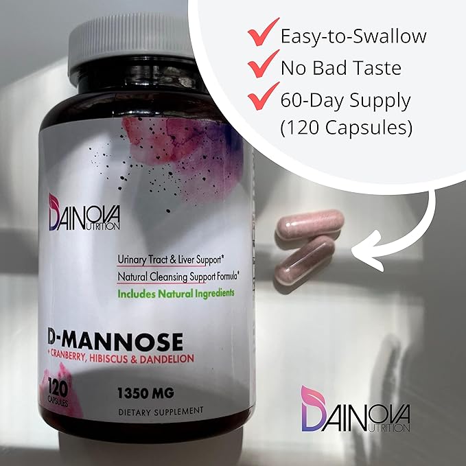 Dainova D Mannose 1350mg with Cranberry I D-Mannose Capsules for UTI Prevention, Urinary Tract Support, Urinary Tract Health for Women, & Cleanse. W/Hibiscus & Dandelion, 120 Veggie Capsules