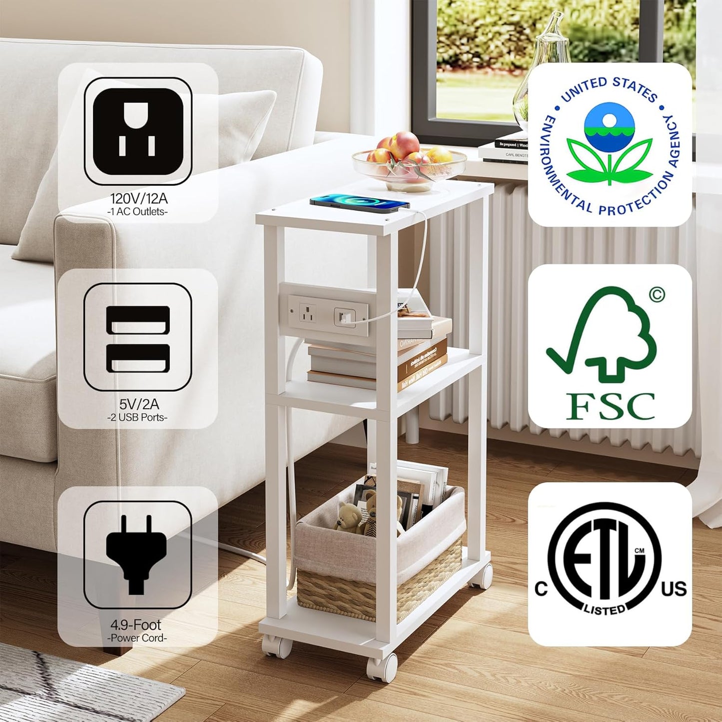 TUTOTAK Small Narrow Side Table with Charging Station, Skinny End Table for Small Spaces, Slim Nightstand with USB Ports and Outlet, Sofa Beside Table with Wheels, White TB01BW046