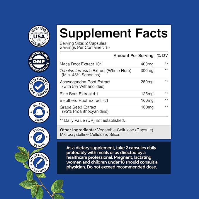 Bundle of Horny Goat Weed Complex with Tongkat Ali, Saw Palmetto, Panax Ginseng & Black Maca Root Plus Potent Herbal Supplement with Siberian Ginseng, Ashwagandha & Maca for Men’s Energy & Wellness