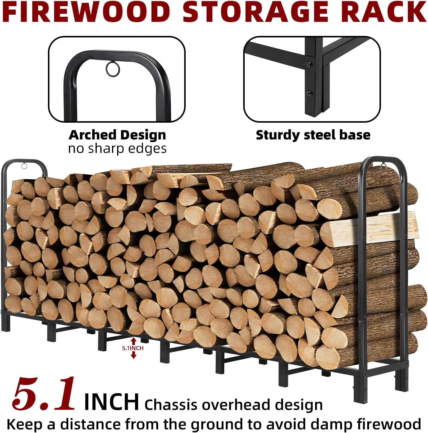8FT Firewood Rack with Waterproof Cover,Heavy Duty Firewood Storage Log Holder for Outdoor&Indoor,Fireplace Wood Rack with 600D Oxford Fabric