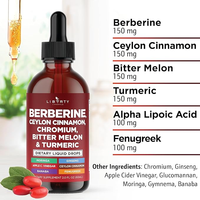 Berberine with Ceylon Cinnamon Supplement Liquid Drops + Bitter Melon Extract, Glucomannan, Gymnema, Chromium, Turmeric, Panax Ginseng, Moringa- 2 OZ