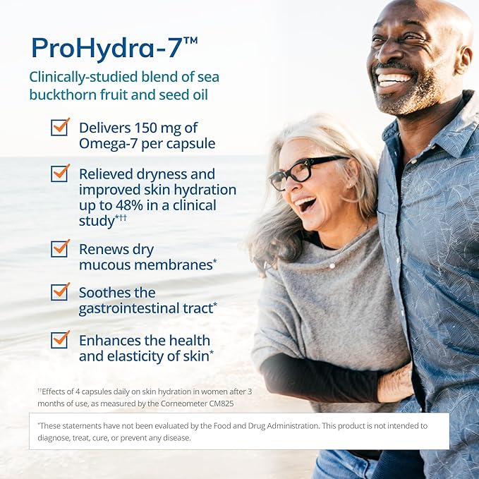 EuroMedica ProHydra-7 - Skin Health Support Supplement with Omega-7 Sea Buckthorn Oil - Nutritional Supplement - Essential Fatty Acid Supplement - 60 Softgels (2 Pack)