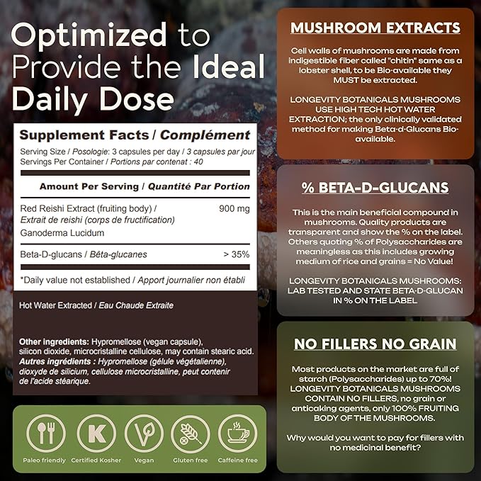 Longevity Botanicals Reishi Mushroom Extract Capsules (120) | Concentrated 10:1 Ratio | 100% Fruiting Bodies | Lingzhi (Ganoderma lucidum) Supplement for Immune, Stress & Sleep Support