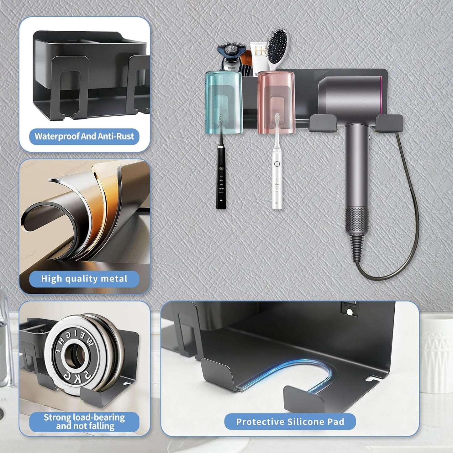 Hair Dryer Holder Wall Mounted Adhesive/Drilling,Hair Dryer Storage Organizer with 2 Toothbrush Holders,2 Toothbrush Cups,2 Storage Boxes for Bathroom,Blow Dryer Holder,Hair Tool Organizer,Dark Gray