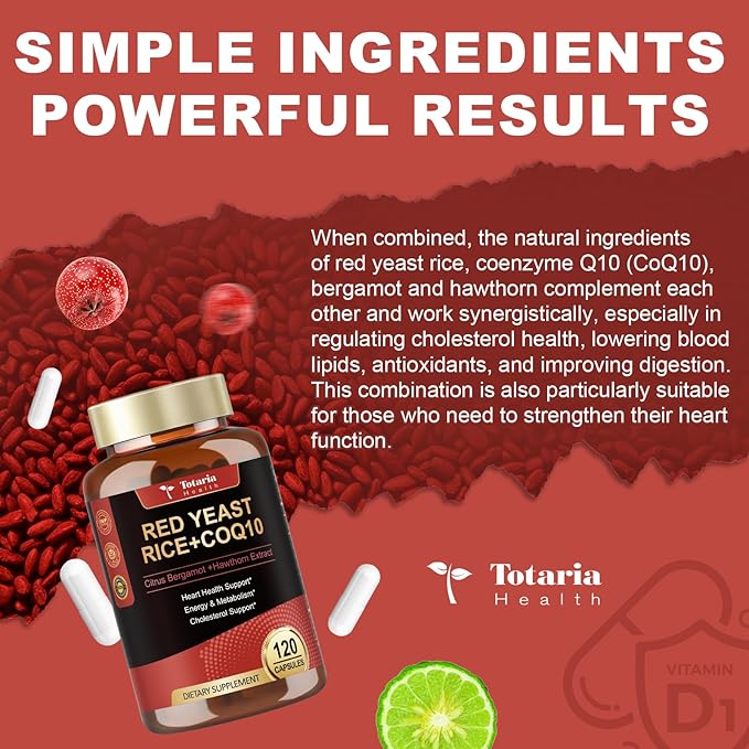 Red Yeast Rice 2,000mg with CoQ10 Supplement - Citrinin-Free Extract Red Yeast Rice Capsules with CoQ10 100 Plus Citrus Bergamot - Cholesterol Lowering Supplements 3rd-Party Tested Vegan Non-GMO