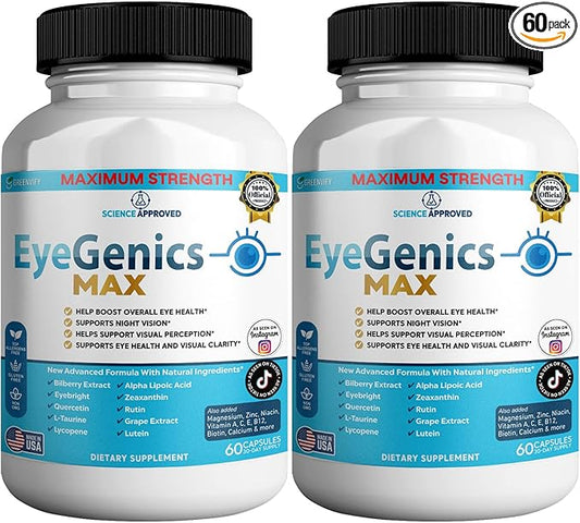 EyeGenics Max Vision Support Supplement, 60 Capsules, Maximum Strength Eye Health Formula with Lutein, Bilberry Extract, Vitamins (2)