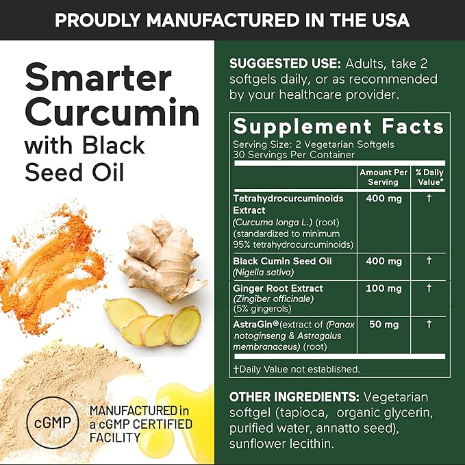 Smarter Nutrition Curcumin Softgels - Vegan High Absorption 400 mg Turmeric Supplement + Black Seed Oil & Ginger - 95% Tetrahydrocurcuminoids Non-GMO, USA Manufactured - 60 Ct[30 Servings]