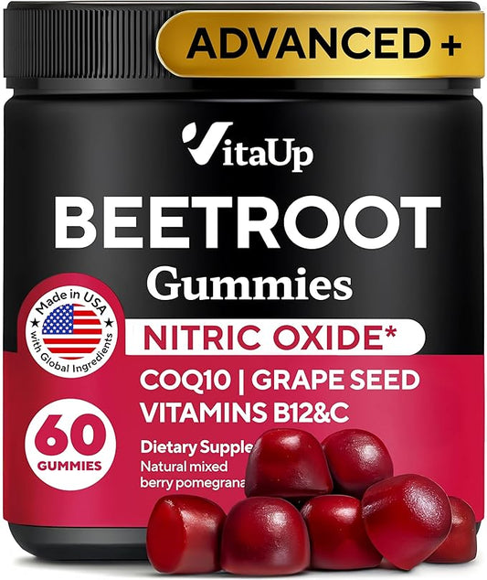 Beet Root Gummies – Beet Gummies – Red Beets Supplements with Beetroot, Grape Seed, Coq10, Vitamin C & B12 – 60 Beet Chews