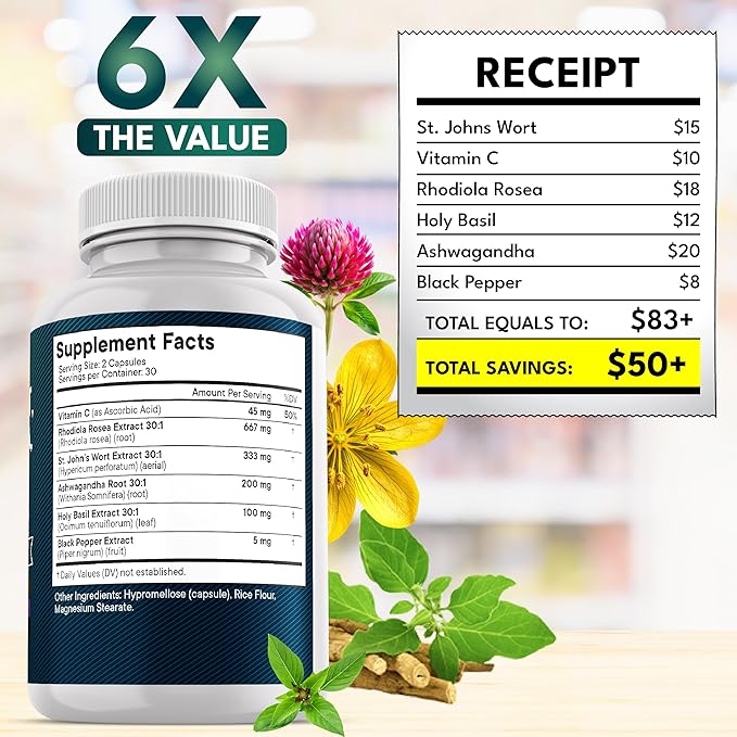 NEW AGE St Johns Wort, Rhodiola Rosea, Holy Basil, Ashwagandha - Support for Women and Men with Vitamin C & Black Pepper Extract - 60 Count
