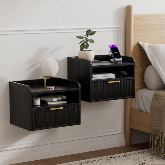 Fluted Floating Nightstands Set of 2 with Drawer, Modern Small Wall Mounted Storage Night Stand with Charging Station, Wood Bedside Table USB C & USB A Ports, Black