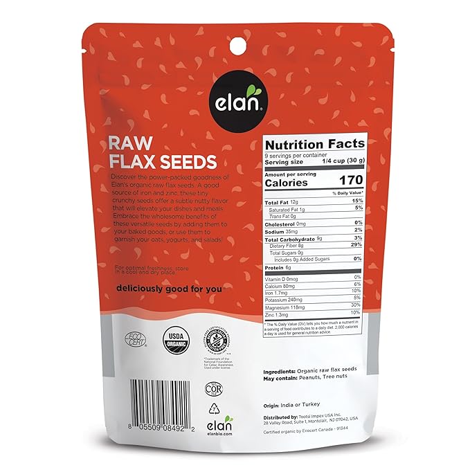 Elan Organic Flax Seed, 9 oz, Whole Seeds, Raw Seeds, Non-GMO, Vegan, Gluten-Free, Kosher, High in Fiber, Gels Easily