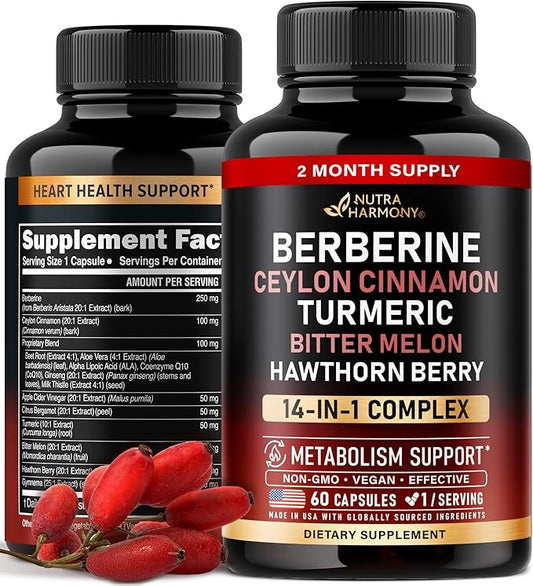 Berberine with Ceylon Cinnamon | Gymnema Extract | Apple Cider Vinegar | Hawthorn Berry | Citrus Bergamot | Bitter Melon - 14-in-1 Supplement for Heart Support, Metabolism & Energy - Vegan 60 Capsules