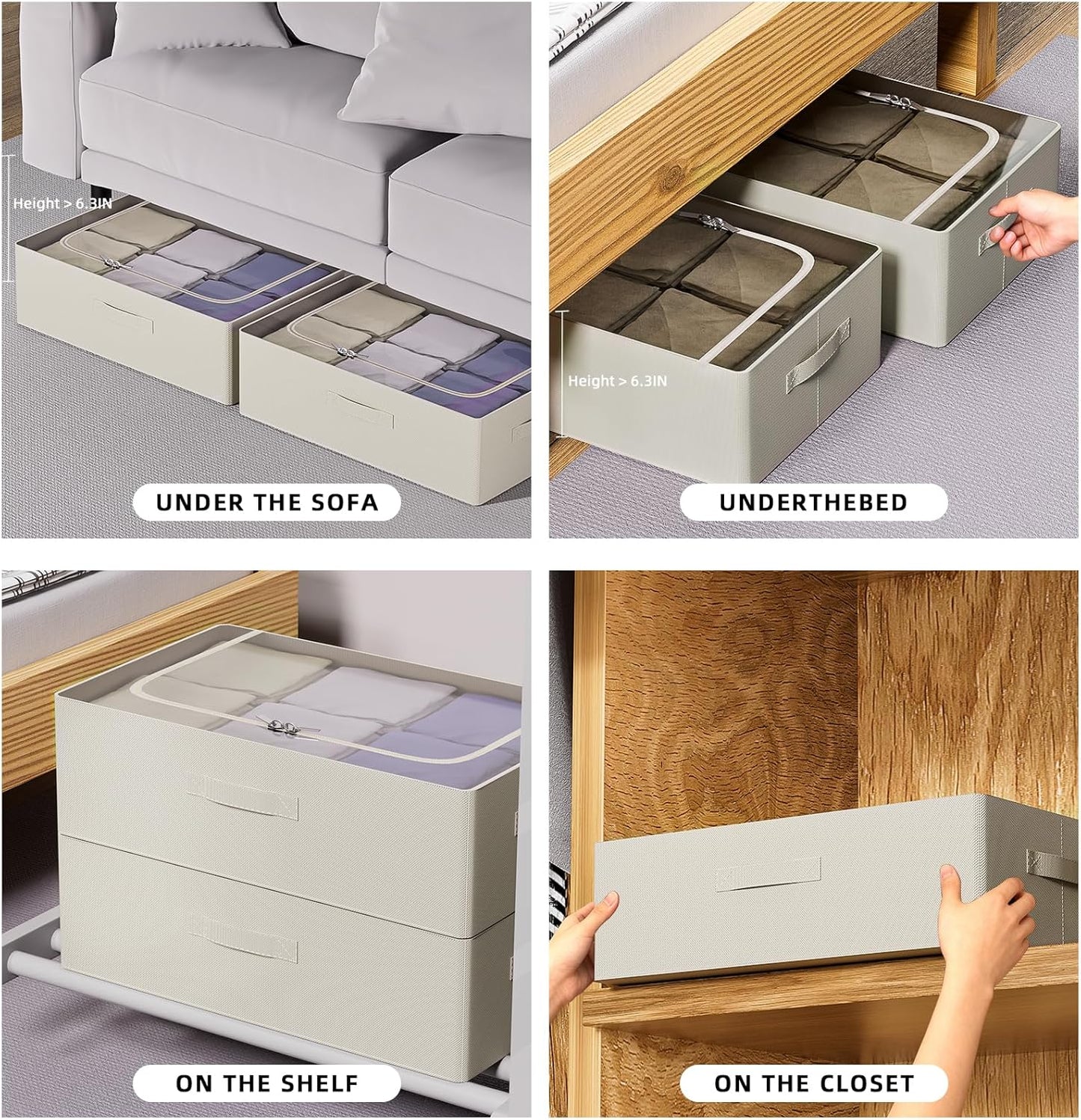 CYhom Under Bed Storage Bins Frame Storage Box Oxford Fabric Sturdy Underbed Container Foldable Stackable Large Capacity Clothes Organizer (Beige, 23.6" x 19.7" x 6.3")