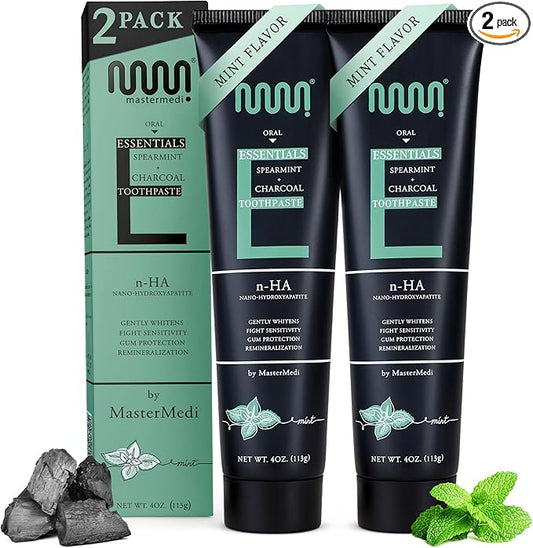 MasterMedi Charcoal Toothpaste with Nano Hydroxyapatite – Fluoride Free, SLS Free, Sensitive Whitening, Enamel Support, Spearmint Flavor, Dentist Recommended, 4 oz (Pack of 2)