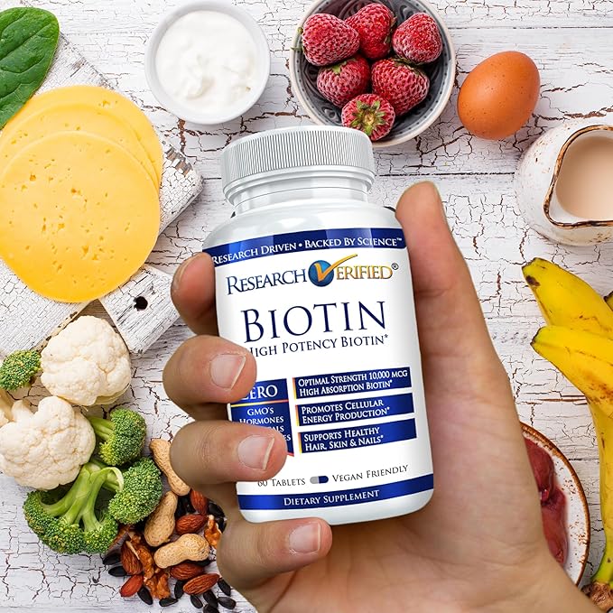 Research Verified Biotin – Pure Biotin Extra Strength 10,000mcg for Improved Hair, Skin and Nail Health - 60 Vegan Tablets, Made in USA