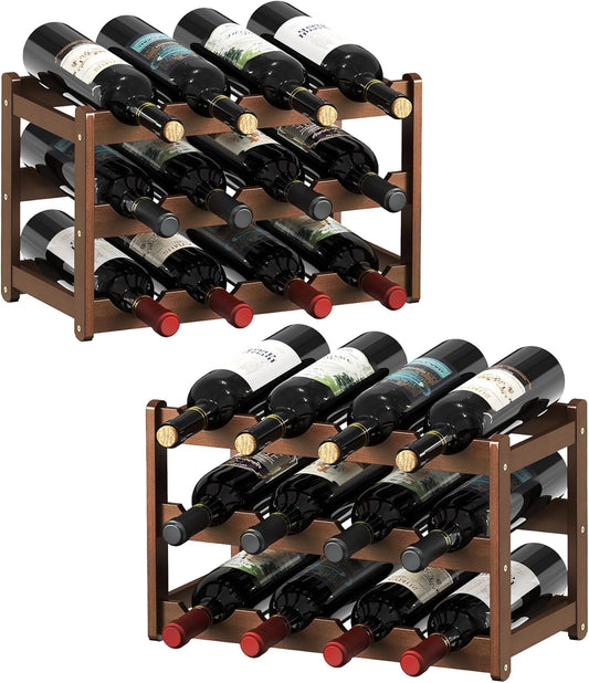 Wine Rack Bamboo Wine Racks Countertop,Sturdy Wine Rack for Inside Cabinet & Freestanding Floor,2 Set of 3-Tier 12 Bottles Racks for Kitchen,Cabinets,Home Bar,Wine Storage Racks(3-Tiers)