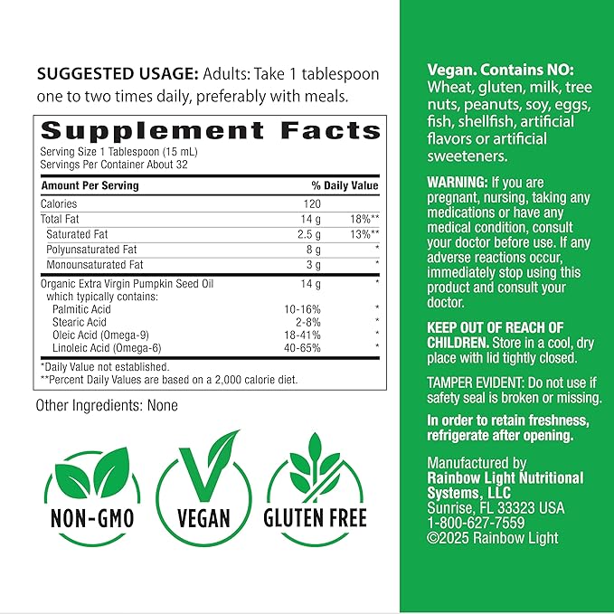 Rainbow Light Organic Extra Virgin Pumpkin Seed Oil | Cold Pressed Liquid Extract | Potent Source of Omega 6 and 9 Fatty Acids | Non-GMO and Gluten Free Supplement | 16 Fl Oz