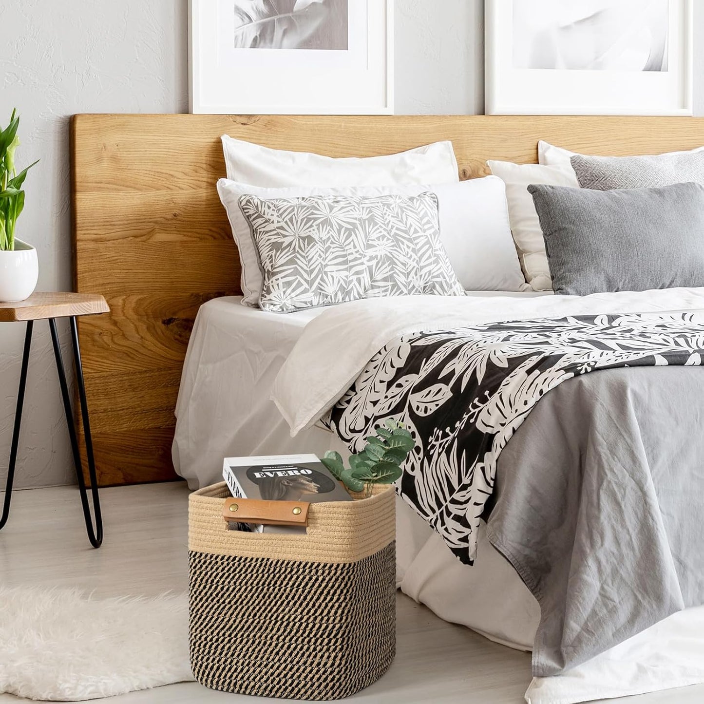 danpinera 3-Pack Cotton Rope Baskets for Storage, 11"x11" Cube Storage Cubes Store Towel, Snack, Storage Bins with Reinforced Stitching & Practical Handles, Black & Brown