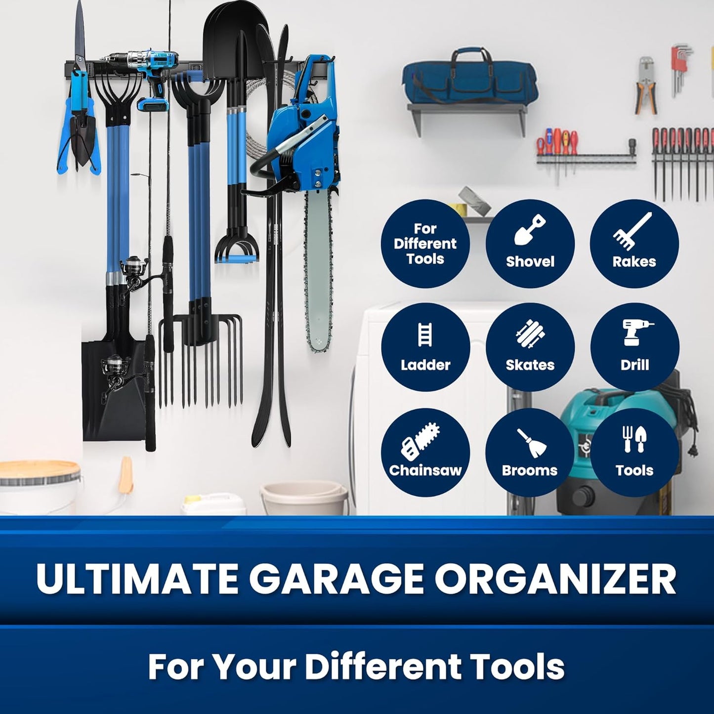96'' All-Metal Garage Tool Organizer Wall Mount – Heavy-Duty Tool Rack Holds 960 lbs, Adjustable Hooks for Garage, Yard, and Garden Equipment