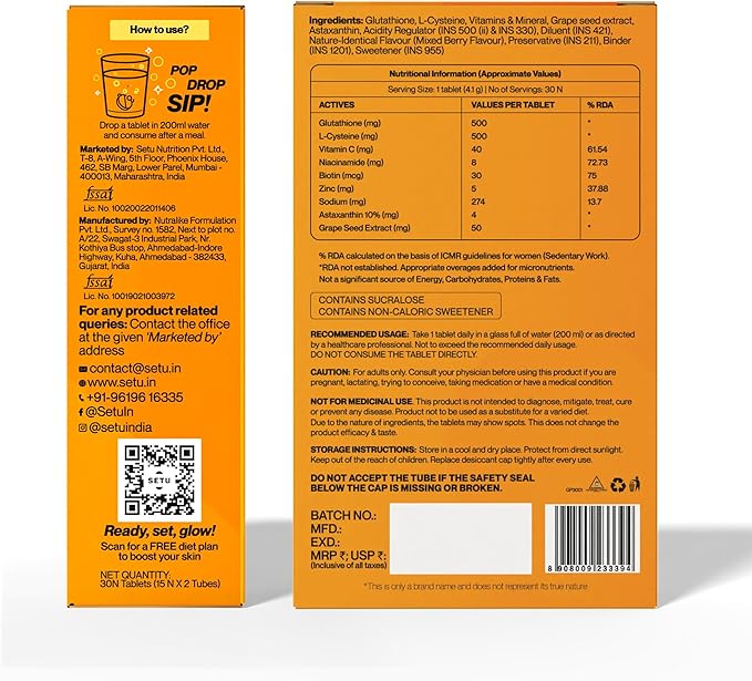 SETU Glutathione Effervescent Tablets with 500mg L-Glutathione & Vitamin C | Sugar-Free Antioxidant Supplement | Mixed Berry (Pack of 6)