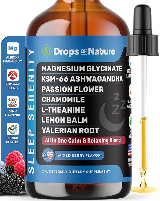 Magnesium Glycinate & Ashwagandha Liquid Drops with Valerian Root, Chamomile, Passion Flower, Lemon Balm & L-Theanine - Vegan Fast Absorption - Supplement for Wellness & Relaxation (Mixed Berry, 60mL)