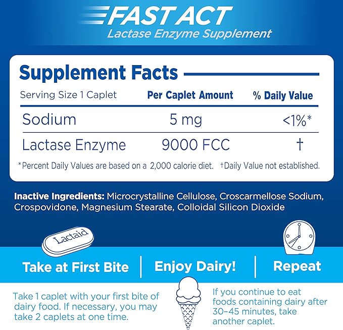 Lactaid Fast Act Lactose Intolerance Caplets with Lactase Enzyme, Dairy Relief from Gas, Bloating & Diarrhea, 9000 FCC Lactose Intolerance Pills, 96 Individual Travel On-The-Go Packs (96 x 1 ct)