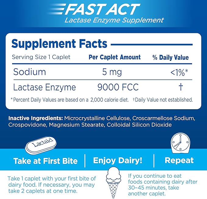 Lactaid Fast Act Lactose Intolerance Caplets with Lactase Enzyme, Dairy Relief from Gas, Bloating & Diarrhea, 9000 FCC Lactose Intolerance Pills, 96 Individual Travel On-The-Go Packs (96 x 1 ct)