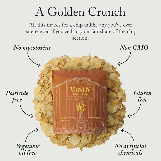 Vandy Crisps Potato Chips - Seed Oil Free Snacks - Gluten Free Potato Chip - Made with Potatoes, Grass-Fed Beef Tallow, Sea Salt, & French Onion Blend - 6 Pack, 5 Ounce Each (French Onion)
