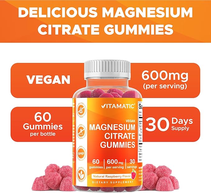 Vitamatic Magnesium Gummies 600mg per Serving – 60 Vegan Gummies – Relaxation, Muscle, Bone & Energy Support – 3 Pack